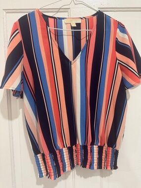 Michael Kors Coral Navy Blue Cream Striped V-Neck Short Sleeve Top